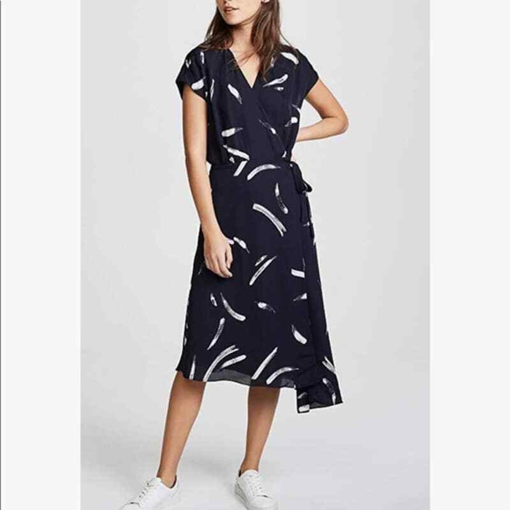 Joie Bethwyn Printed 100% Silk Short-Sleeve Wrap Navy Blue Dress Size XS